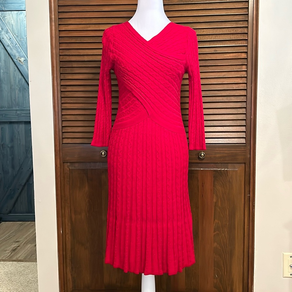 Red Cable Knit CATO Sweater Dress 3/4 Sleeve, Size XS